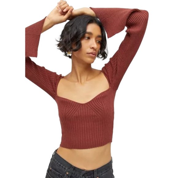 Urban Outfitters Uo Juliet Portrait Ribbed Sweetheart Cropped Sweater In Maroon - Picture 2 of 7